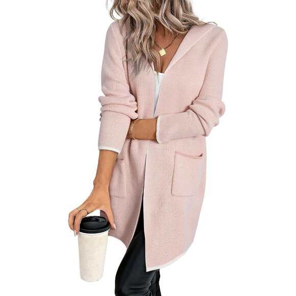 Chic Women's Oversized Hooded Cardigan - Long Sleeve Contrast Sweater - Pink